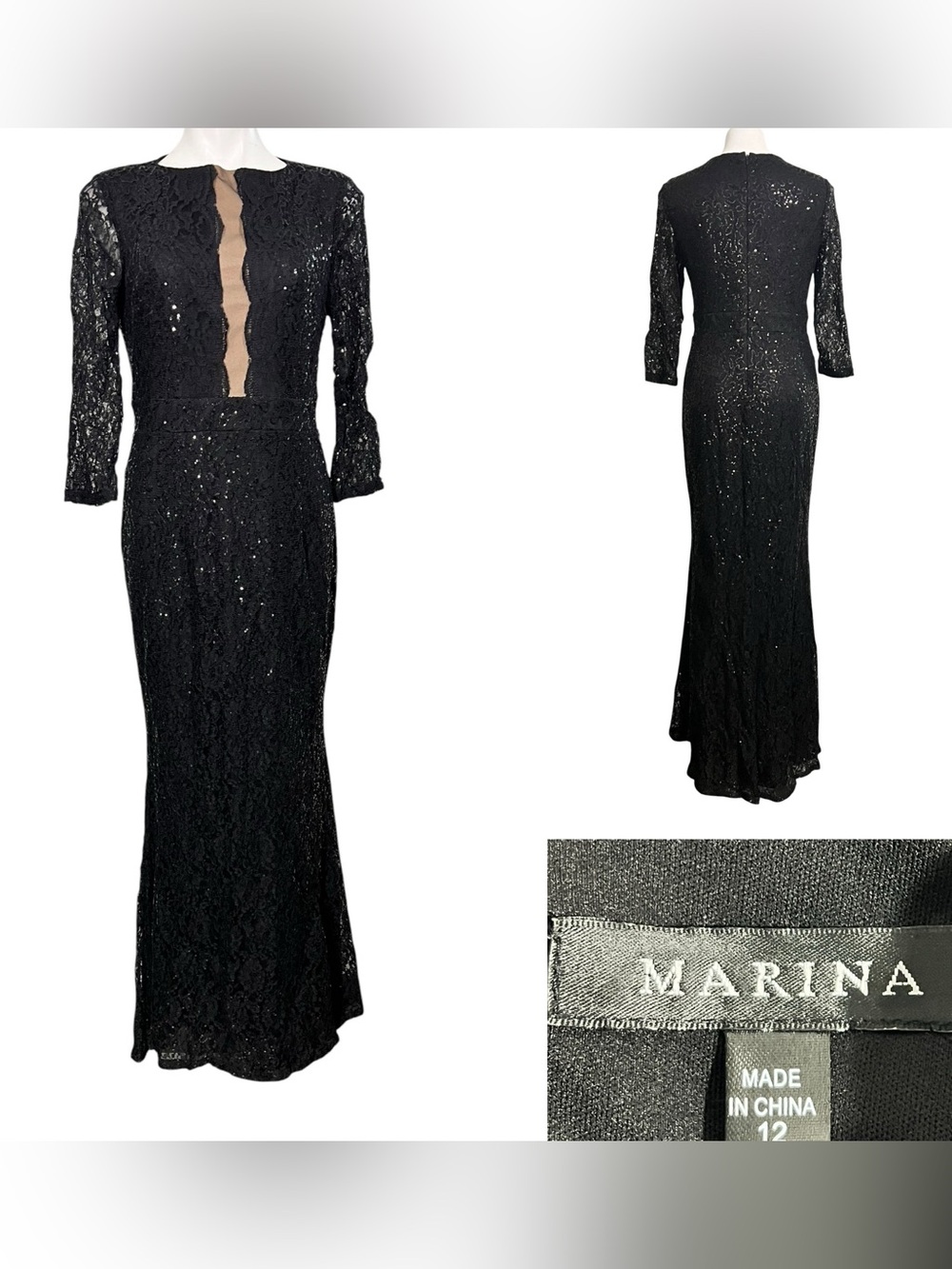 Mariana Black Maxi dress Gown Sz 12 black sequin Nude Illusion insert formal